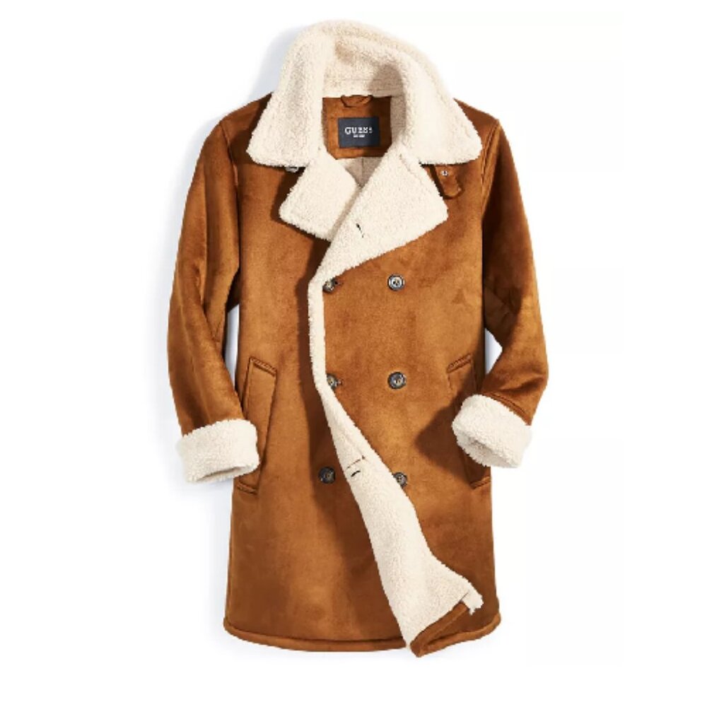 Mens GUESS Cognac Double Breasted Faux Shearling Coat MSRP $350 NWT